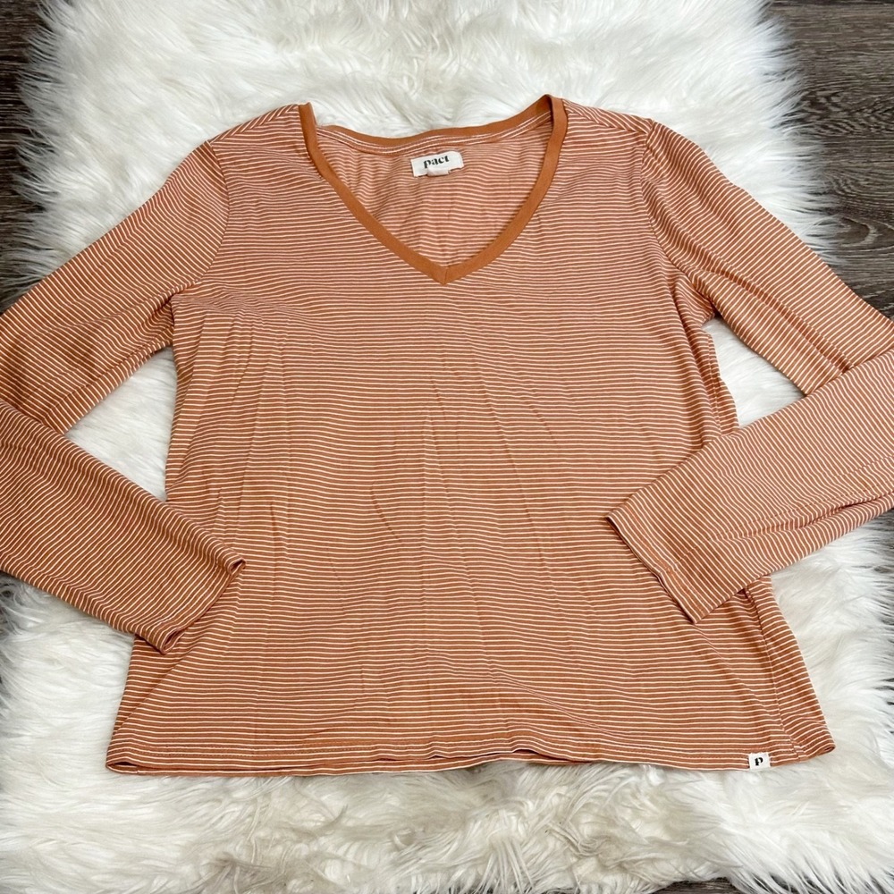 Pact Softspun Womens V Neck Long Sleeve T Shirt Organic Cotton Striped Earthy
